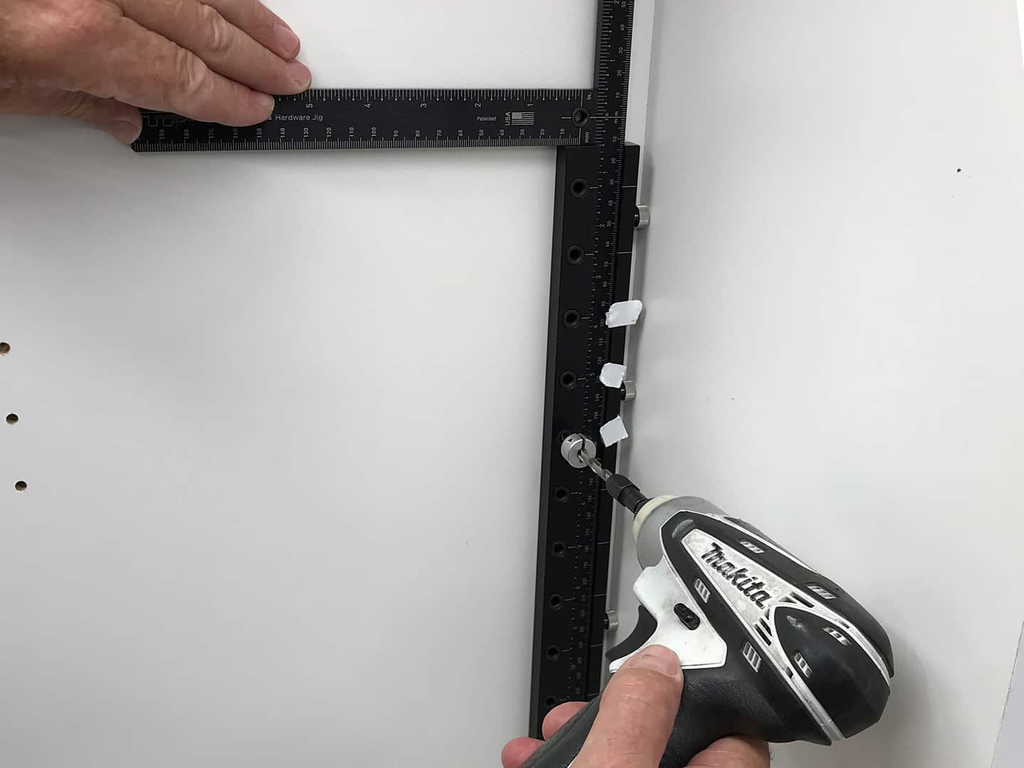 shelf pin line boring with TP-1935 Cabinet Hardware Jig (step 5)